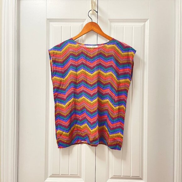 Vintage 100% Silk Chevron Zigzag Blouse Top Rainbow – S - Picture 3 of 9